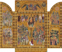 "საქართველოს ეკლესიის დიდების" ხატზე ცენტრალურ კომპოზიციას უფლის კვართი და სვეტიცხოველი წარმოადგენს